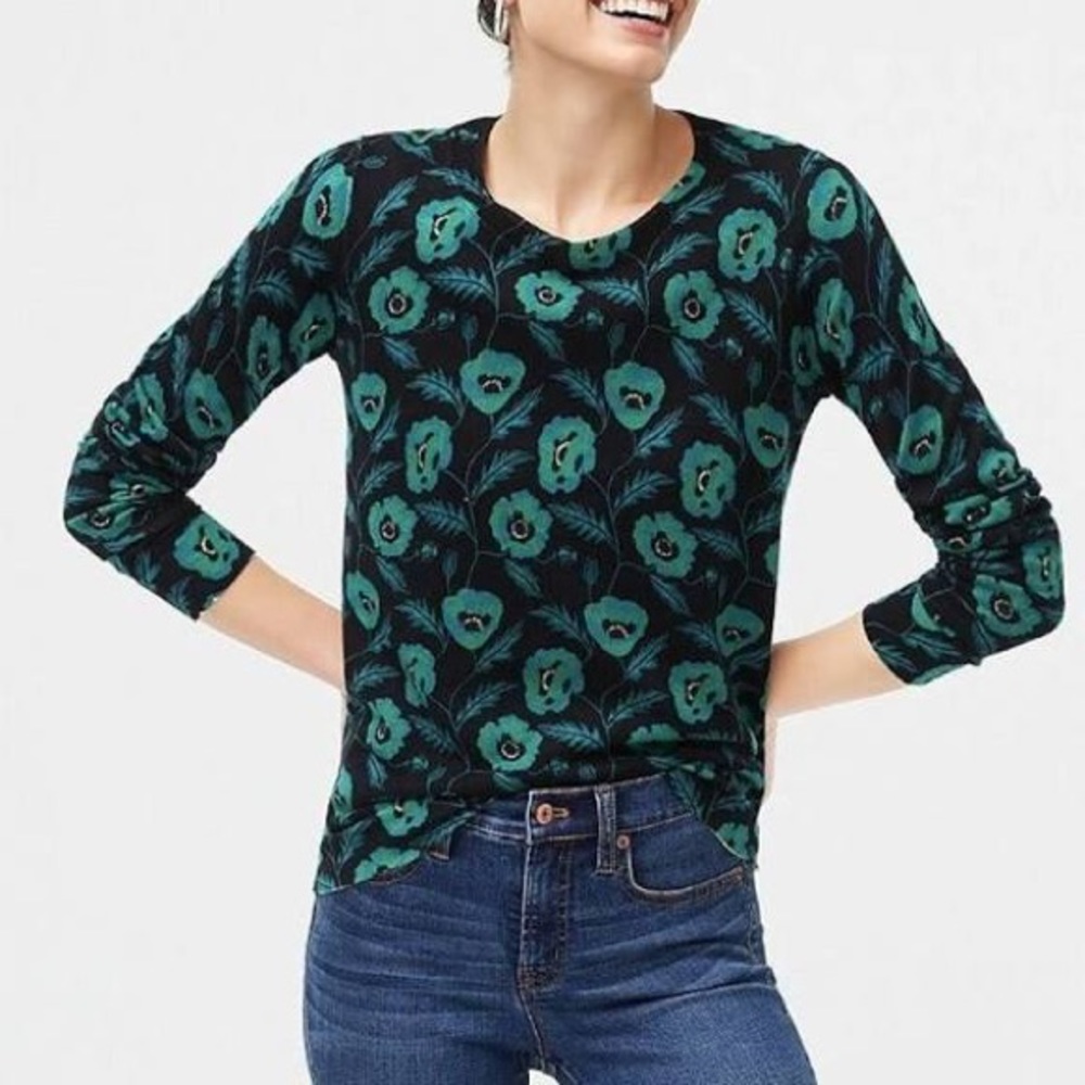 J. Crew Green & Black Floral sweater poppy print